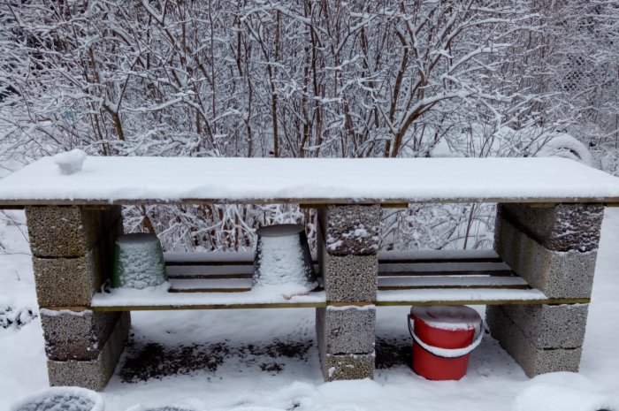 Ett arbetsbord utomhus täckt med snö, med en röd hink under, mot en snötäckt trädgårdsbakgrund.