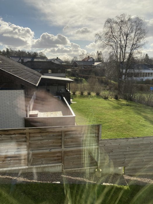 Utsikt över en trädgård med en frost- eller snötäckt yta på marken, tagen genom ett fönster.