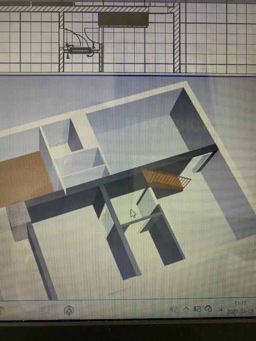 3D-ritning av husplanlösning med trapp, dörrar och borttagen vägg under trappan.