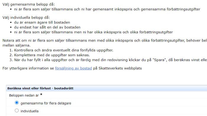 Skärmdump av deklarationsformulär med alternativ för "gemensamma för flera delägare" markerat.