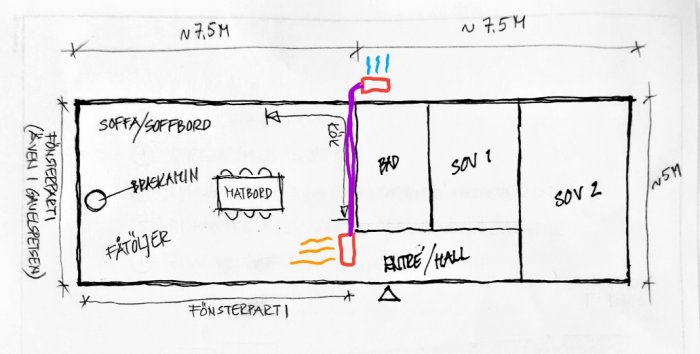 Handritad skiss av husplan med markeringar för värmeinstallation och rumsfördelning.