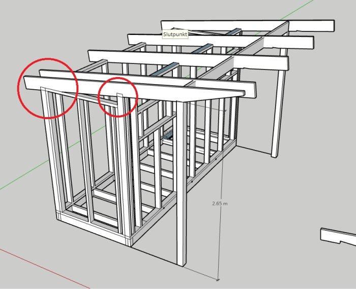 3D-ritning av ett byggprojekt med markerade takbalkar och ytterstolpar.