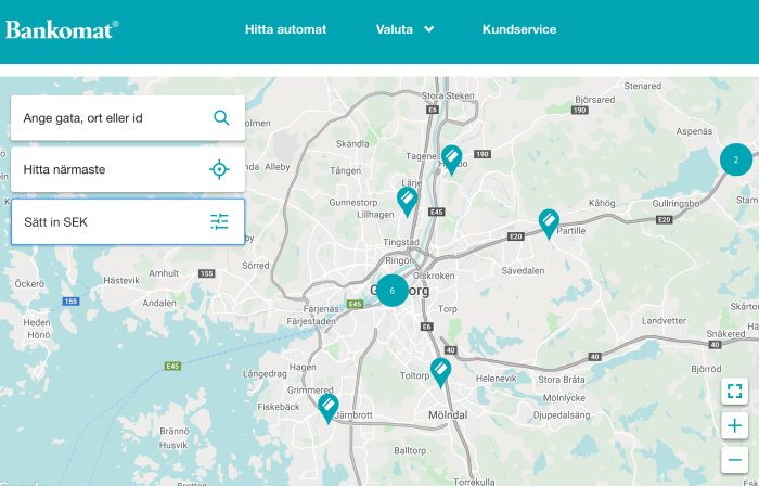 Karta över Göteborg med markerade platser för insättningsautomater där man kan sätta in svenska kronor (SEK).