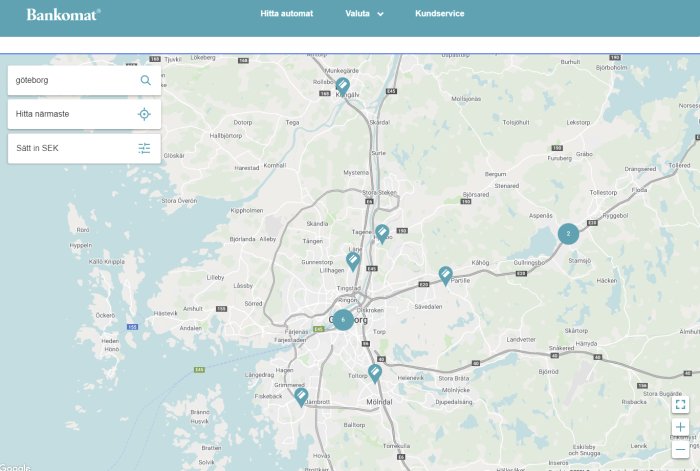 Karta över Göteborg med märkta positioner för bankomater där man kan sätta in SEK.