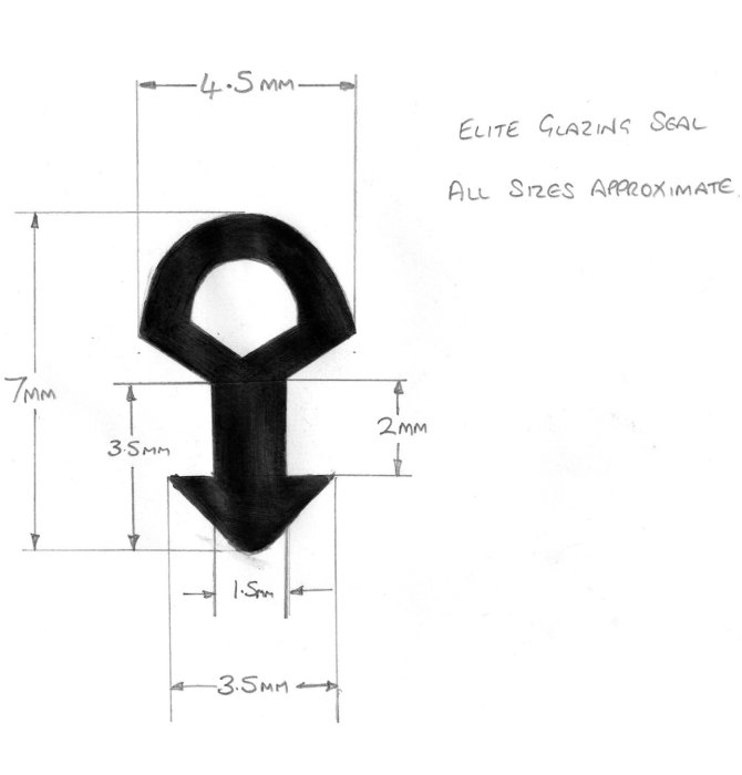 Ritning av svart tätlist med måttangivelser, 4.5mm bred, 7mm hög och specifikation "Elite Glazing Seal".