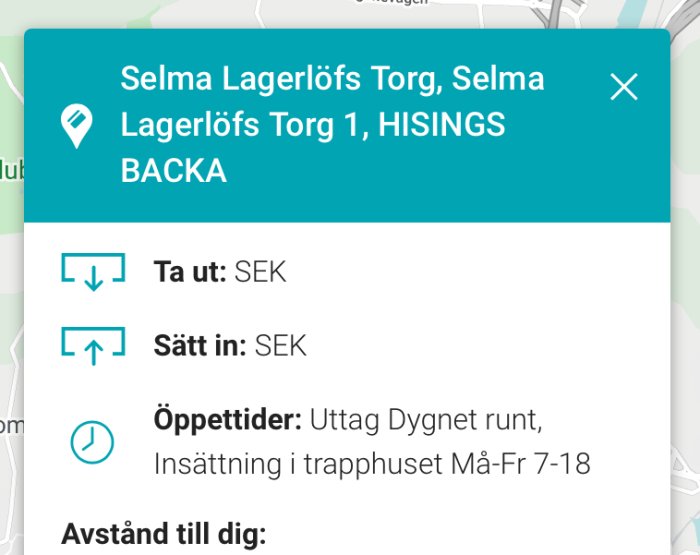 Skärmdump av en karta med information om en plats och öppettider för uttag och insättning av pengar.