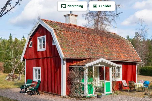 Klassiskt rött svenskt torp med vita knutar och gröna fönsterluckor, lantlig omgivning.