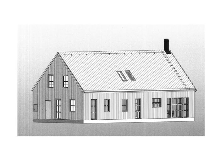 Arkitektritning av ett ladhus med sadeltak och synliga fönsterpartier.