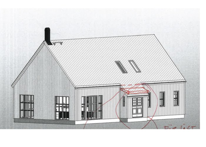 Svartvit skiss av ett omritat ladhus med markerade områden för potentiella ombyggnader och fönsterpartier.