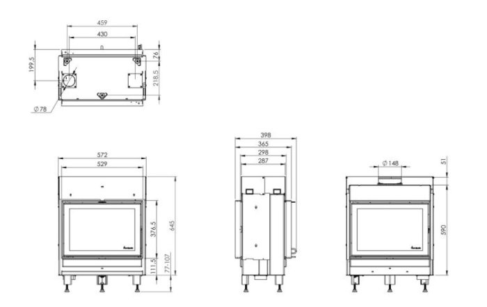 Teknisk ritning av Nordpeis N-20T tunnelmodell kamin med dimensioner.