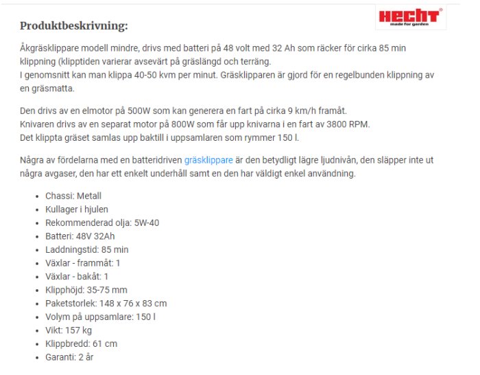 Skärmbild av en produktbeskrivning för en batteridriven gräsklippare från HECHT.