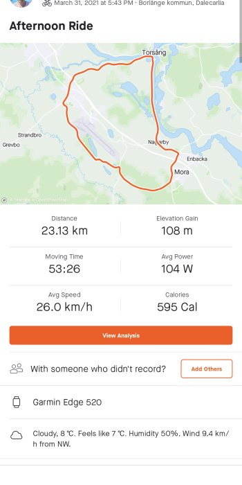 En skärmdump av en cykeltur med rutt och statistik såsom distans, tid och kaloriförbränning.