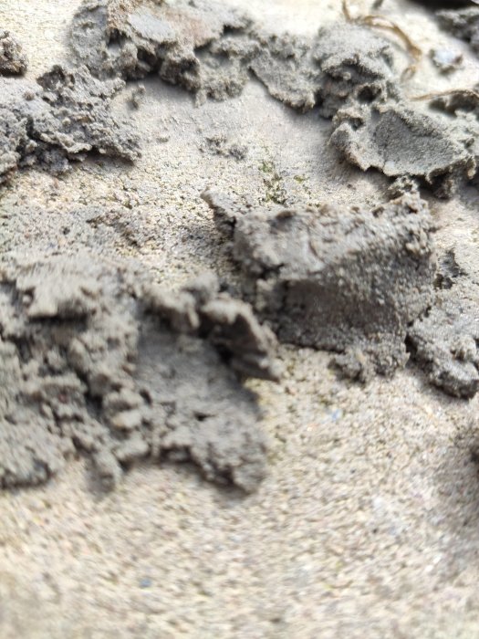 Närbild på torra, spruckna lerpartiklar med fin sand, som ger ett intryck av att vara på en strand.