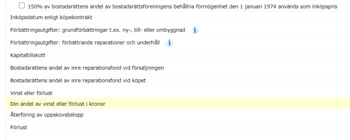 Skärmdump av ett formulär för att beräkna vinst eller förlust vid försäljning av bostadsrätt.