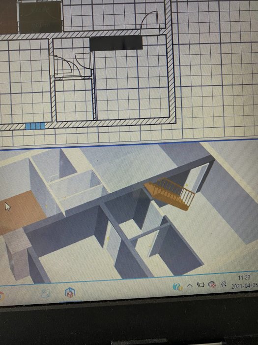 Ritningsplan och 3D-modell av källarutrymme med dörrar och trappa, vägg borttagen under trappan.