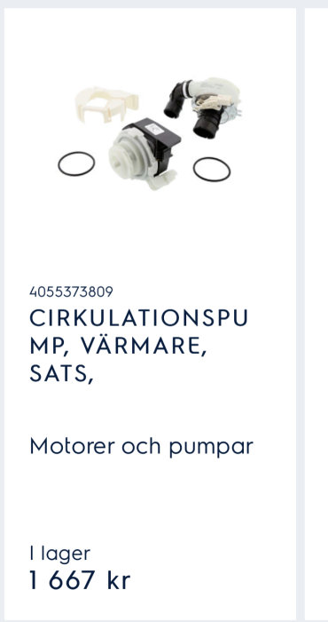 Cirkulationspump med värmebeständiga komponenter och tillhörande o-ringar, pris 1667 kr.