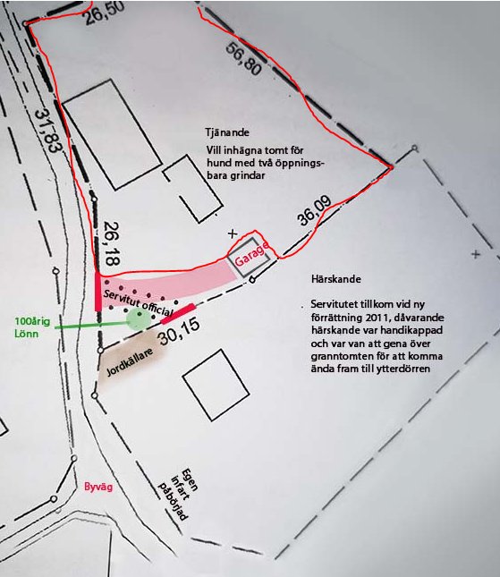 Fastighetskarta med markerat område för staket och anteckningar om servitut och övriga detaljer.