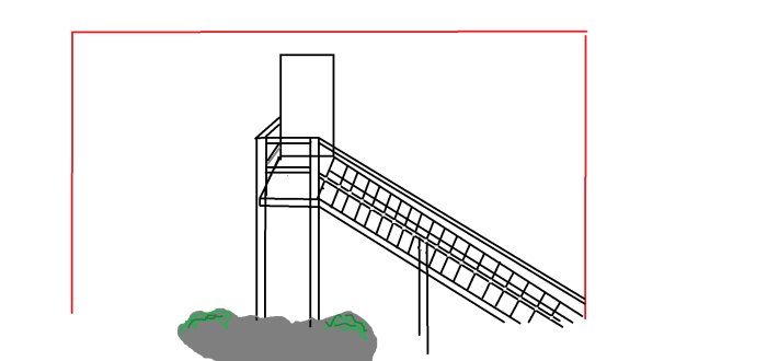 Schematisk ritning av en utvändig trappa vid berg, planerad för genomgående bultar och bärlina för balkong.