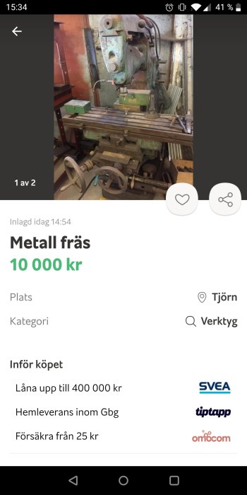 Använd metallfräs med flerspindlig huvud och bord på ett försäljningsinlägg, pris 10 000 kr, på Tjörn.