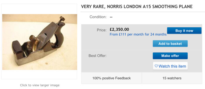 Norris London A15 slät hyvel på en online försäljningsannons, med prisuppgift och köpalternativ synliga.