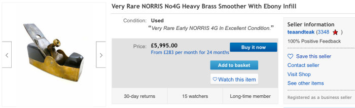 Äldre Norris No4G hyvel i mässing med ebenholtsinlägg på en eBay-annons, utannonserad för £5,995.