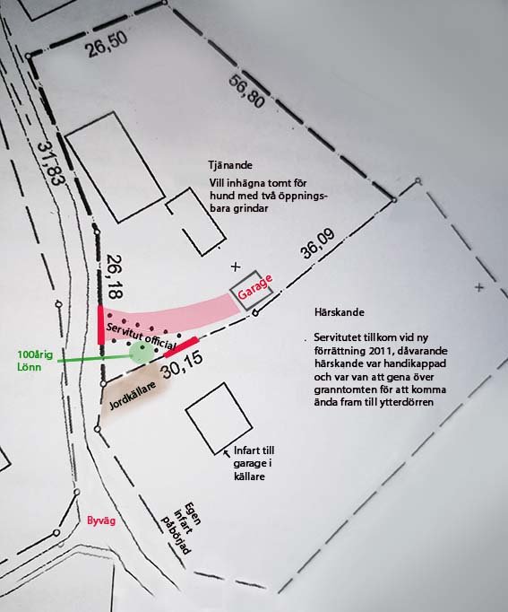 Fastighetskarta med markerad servitutsväg, garage och kommentarer om rättigheter.