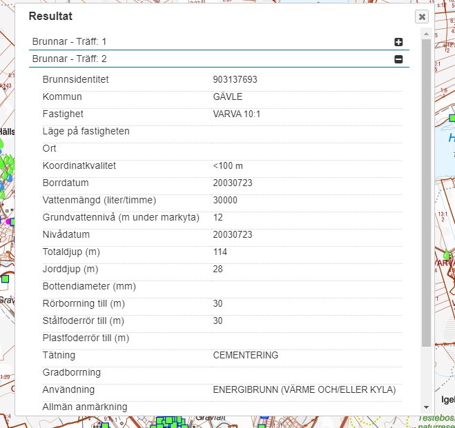Skärmdump av SGU karttjänst som visar brunninformation inklusive djup och koordinater.