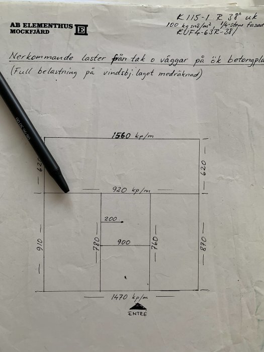 Ritning över husets bottenvåning från AB Elementhus Mockfjärd med lastangivelser och mått på väggar.