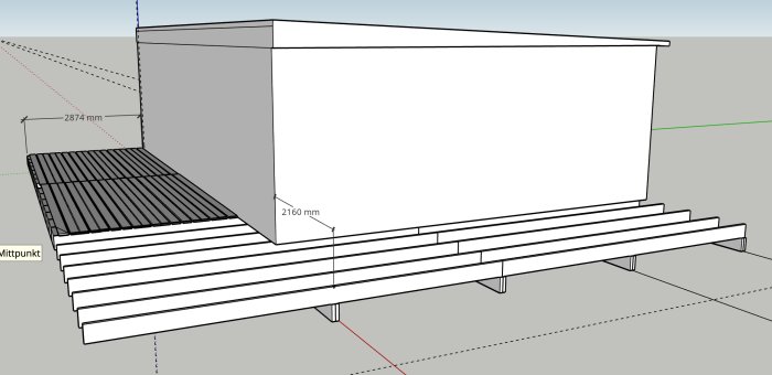 3D-modell av en plintgrund för fritidshus med dimensioner och utskjutande altan.