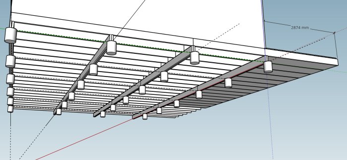 3D-ritning av plintgrund till fritidshus med bärlinor och bjälklag.