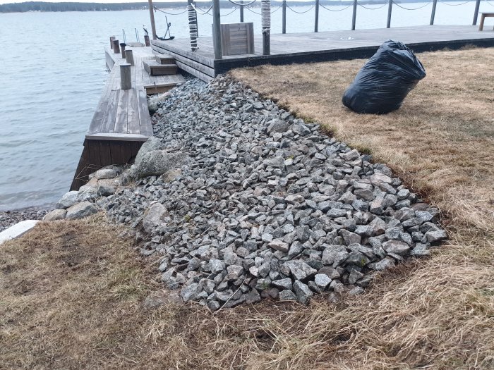 Rensad stenkant vid vattnet med gräs och en svart sopsäck i bakgrunden.