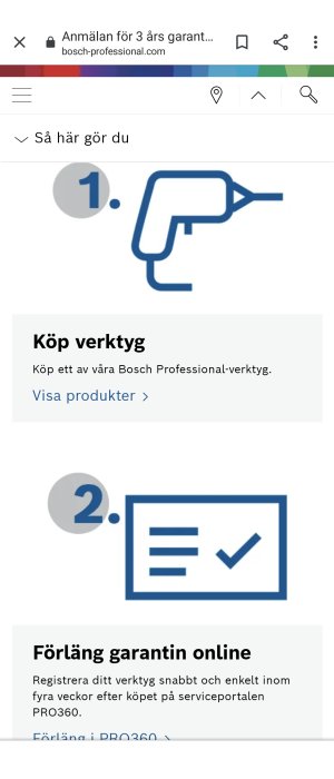 Steg-för-steg instruktioner för Bosch Professional-verktygsgaranti, steg 1 och 2 med ikoner och text.