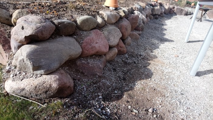 Stensättning i organisk form med oregelbundna stenar vid grusad uteplats.