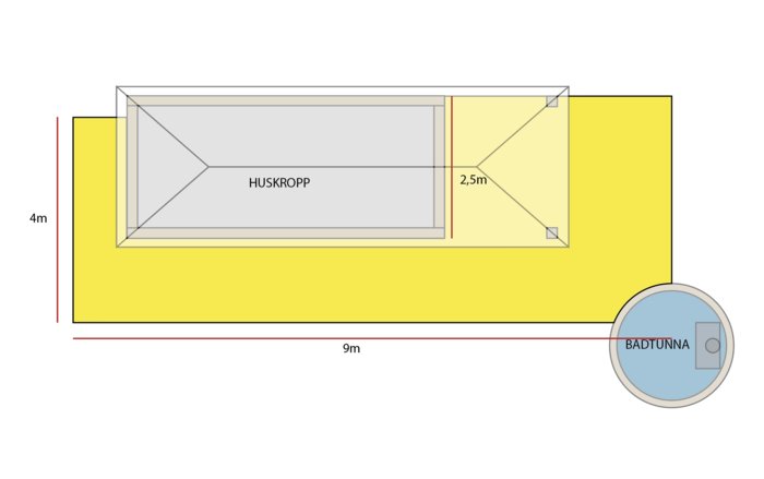 Skiss av altanprojekt med dimensioner, angränsande huskropp och plats för badtunna.