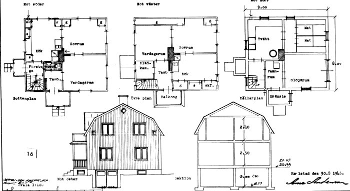 Arkitektritningar av en byggnad inkluderar bottenvåning, första våning, källare, snitt och fasadvyer.