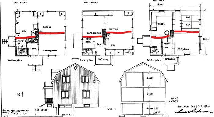 Arkitekturritningar av ett hus med markerade bärande väggar på olika våningsplan och sektionsskiss.