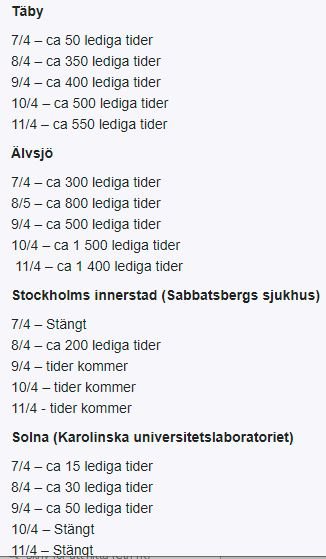 Textlista över lediga tider i Stockholm med datum och orter som Täby, Älvsjö, Stockholms innerstad, och Solna.