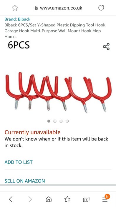 Sex stycken röda Y-formade plastade verktygskrokar med skruvgänga för väggmontering.