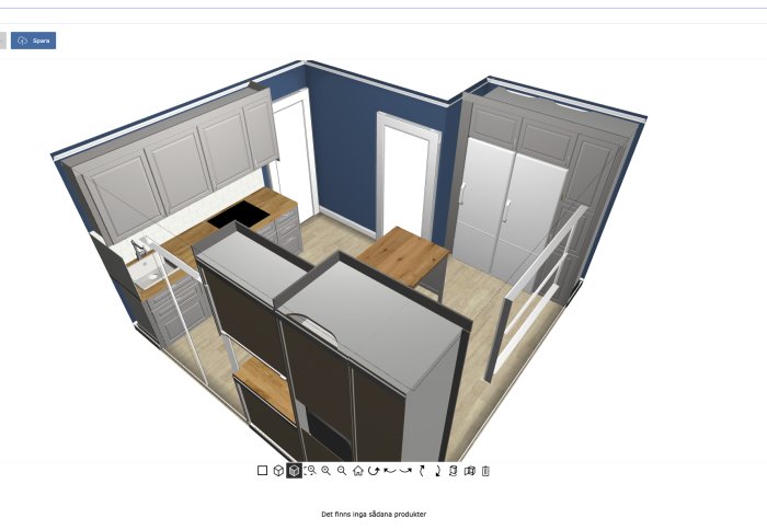 3D-rendering av ett modernt köksdesignförslag med grå skåp, träbänkskivor och blå väggar.