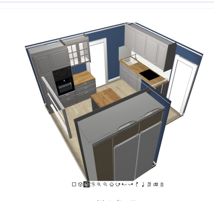 3D-rendering av ett planerat kök med IKEA Bodbyn skåp, träbänkskivor och inbyggda apparater.