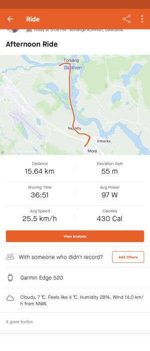 Skärmklipp från aktivitetsapp som visar kartvy över en cykeltur, statistik för distans, tid, hastighet och kalorier.