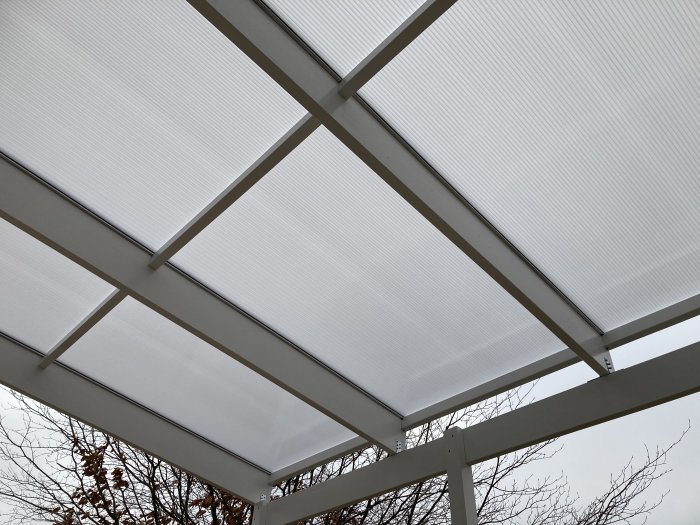 Undersida av ett transparent tak med vita tvärreglar och takbalkar i metall.