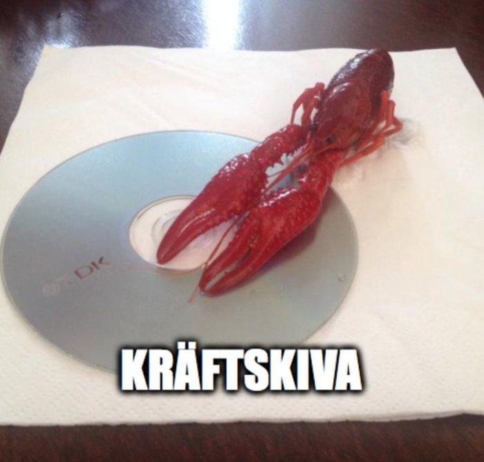 En kokt kräfta placerad ovanpå en CD-skiva med texten "KRÄFTSKIVA" på en vit servett.