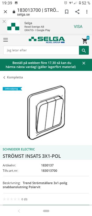 Schneider Electric 3-vägs strömbrytare insats med linjeteckning på vit bakgrund.