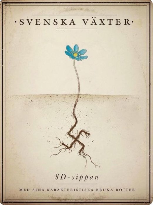 Illustration av en blomma benämnd "SD-sippan" med blå kronblad och bruna rötter, humoristiskt liknande en botanisk skylt.