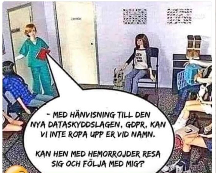 Illustration med en tecknad vårdanställd som talar om dataskydd och indirekt kallar på en patient med hemorrojder.