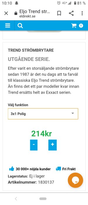 Skärmdump av produktinformation för Eljo Trend strömbrytare med pris och lagerstatus 'Ej i lager'.