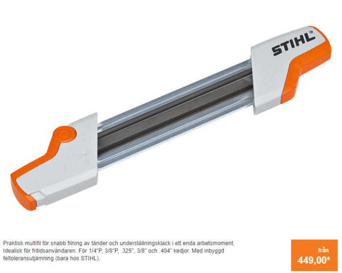 Stihl Multifil 2 i 1 för att fila sågtänder och djupbegränsare på sågkedjor, med orange och vit färg.