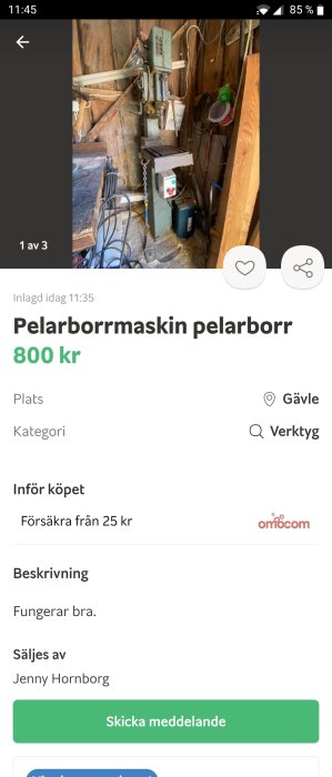 Begagnad pelarborrmaskin uppsatt i ett trädgårdsförråd, till salu för 800 kr i Gävle.