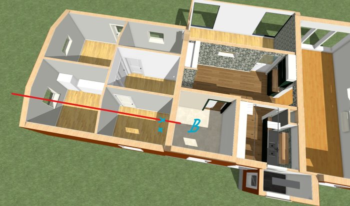 3D-ritning av en husplan med markerad avloppsväg med rött, bokstaven B vid badrummet och kryss för brunnarnas positioner.